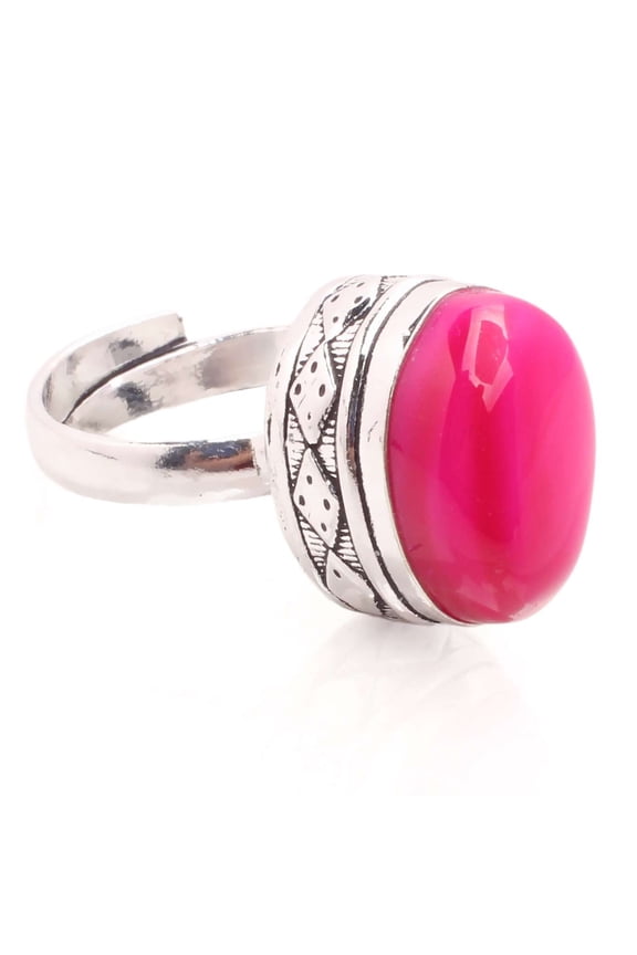 Silver Plated Ring Jewelry For Womens - Pink Agate Gemstone Handmade Ring - Size Adjustable - Fashion Jewelry Gift For Her - Bohemian style Statement Ring For Women - R-503