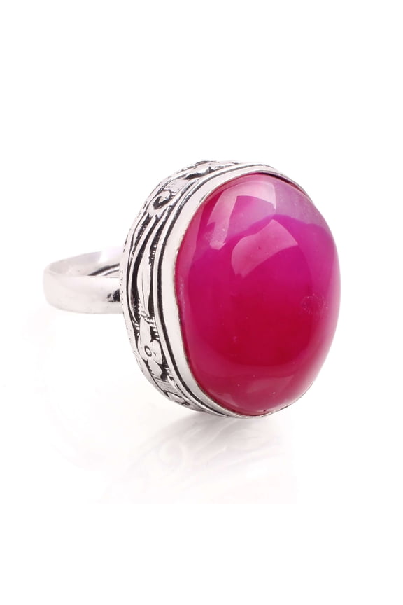 Silver Plated Ring Jewelry For Womens - Pink Agate Gemstone Handmade Ring - Size Adjustable - Fashion Jewelry Gift For Her - Bohemian style Statement Ring For Women - R-555