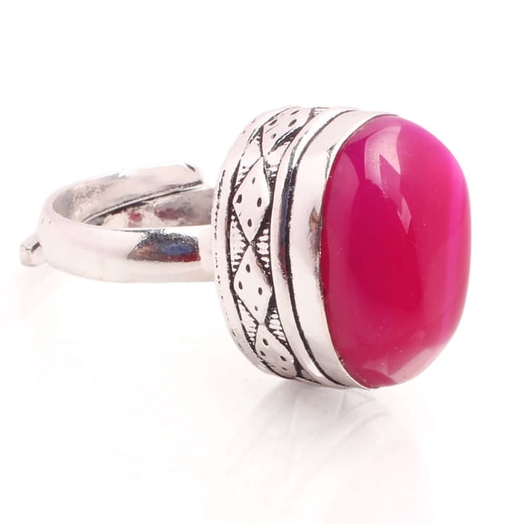 Silver Plated Ring Jewelry For Womens - Pink Agate Gemstone Handmade Ring - Size Adjustable - Fashion Jewelry Gift For Her - Bohemian style Statement Ring For Women - R-598