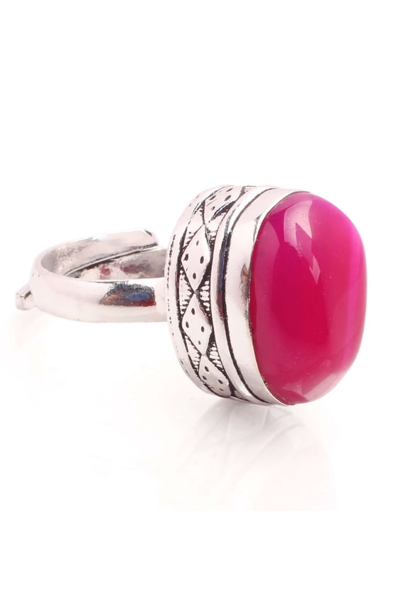 Silver Plated Ring Jewelry For Womens - Pink Agate Gemstone Handmade Ring - Size Adjustable - Fashion Jewelry Gift For Her - Bohemian style Statement Ring For Women - R-598