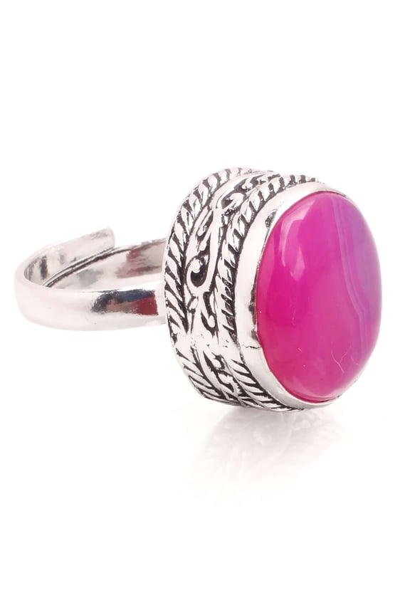 Silver Plated Ring Jewelry For Womens - Pink Agate Gemstone Handmade Ring - Size Adjustable - Fashion Jewelry Gift For Her - Bohemian style Statement Ring For Women - R-601