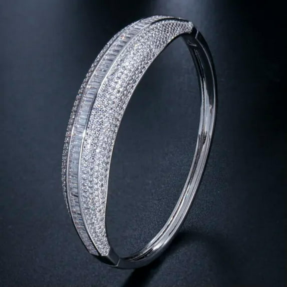 Silver Plated Round Cuff Bangle Cubic Zircon Bridal Engagement Fashion Jewellery