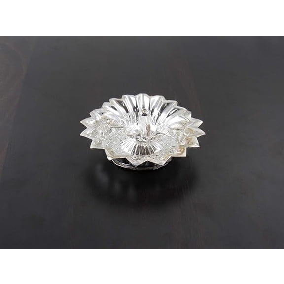 Silver Plated Shiny Flowery Diya, Pooja Items for Home Set Silver, Pooja Articles for Home Decor, Small Home Function Return Gift (Pack of 1)