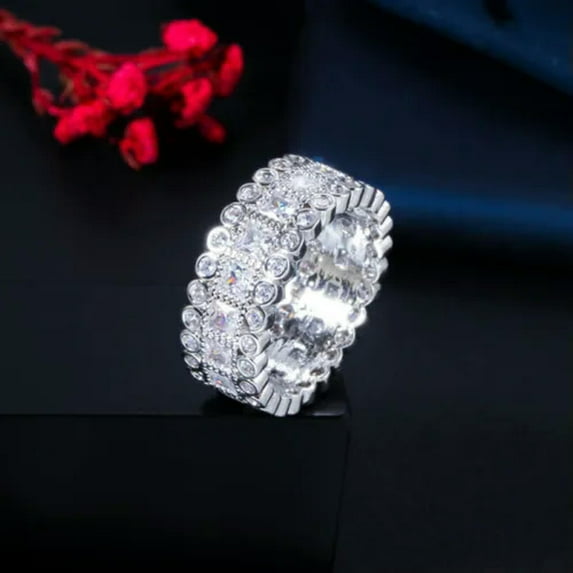 Silver Plated Square Cubic Zirconia Round Ring for Women Cocktail Party Jewelry