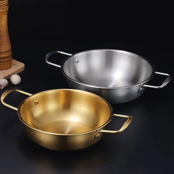 Silver Plated Stainless Steel Korean Pot, Double Eared Soup and Instant Noodle Pot, Thickened Durable Small Dry Pot for Kitchen Cooking, Reinforced Metal Cookware, Single Piece