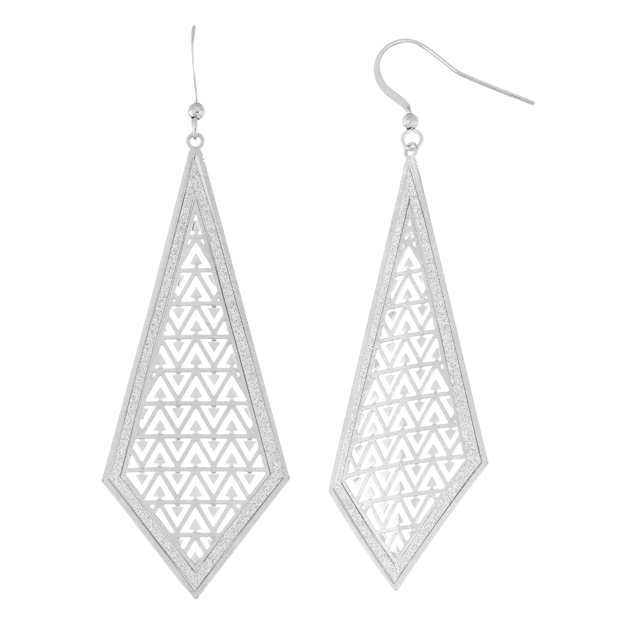 Silver Plated Stamped Triangle Pattern Glitter Diamond Dangle Earring