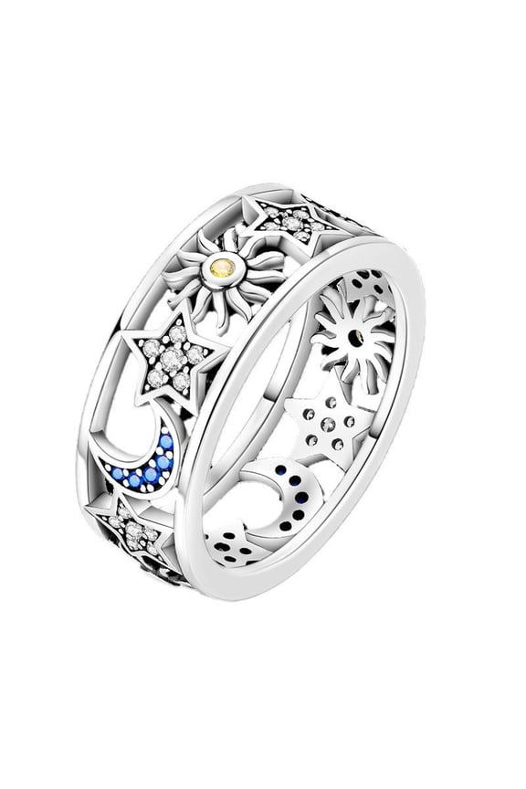 Silver Plated Sun Moon Stars Ring Women Celestial Design Elegant Fashion Jewelry Gift Sizes 7 8 9 Gift For Her