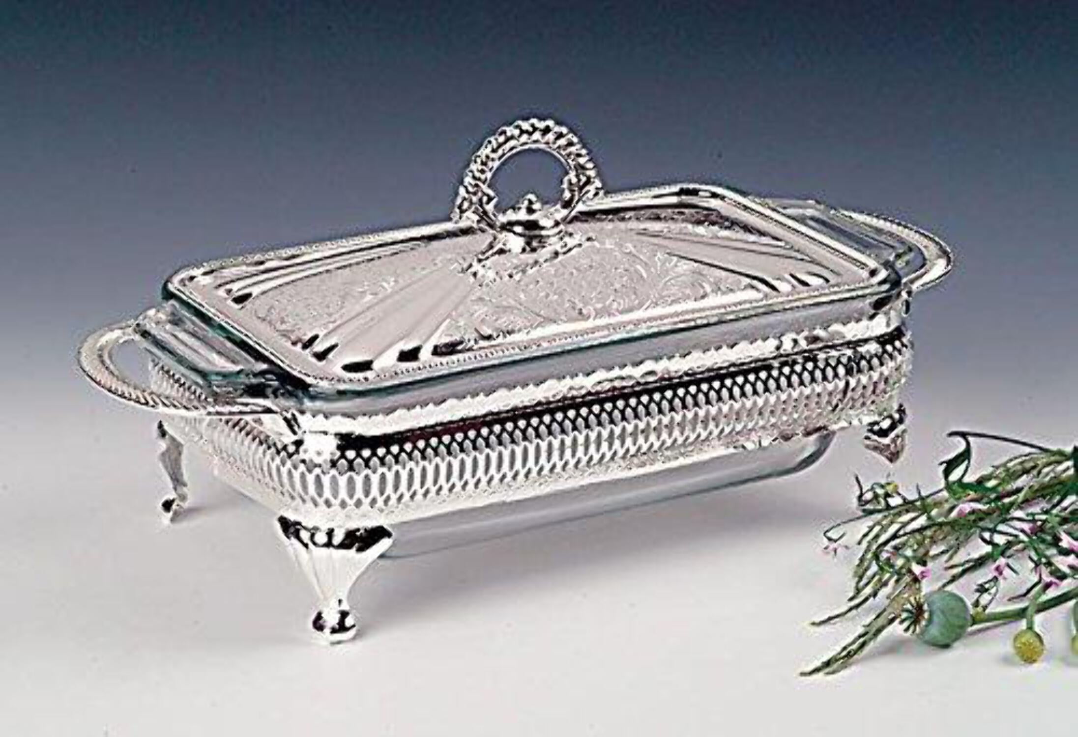 Silver Plated Rectangular Steel Casserole Dish with Lid