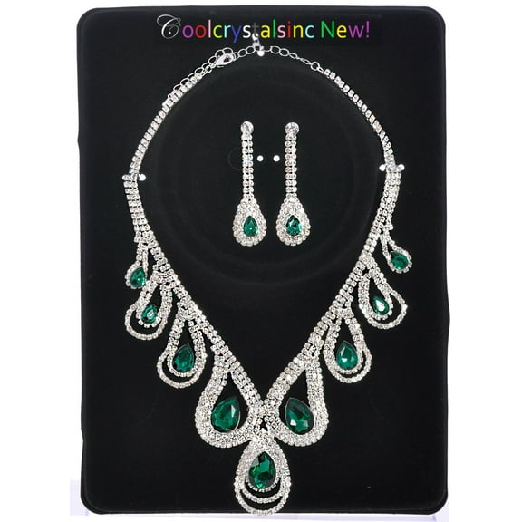 Silver Plating Rhinestone Necklace and Matching Dangle Earrings Jewelry Set