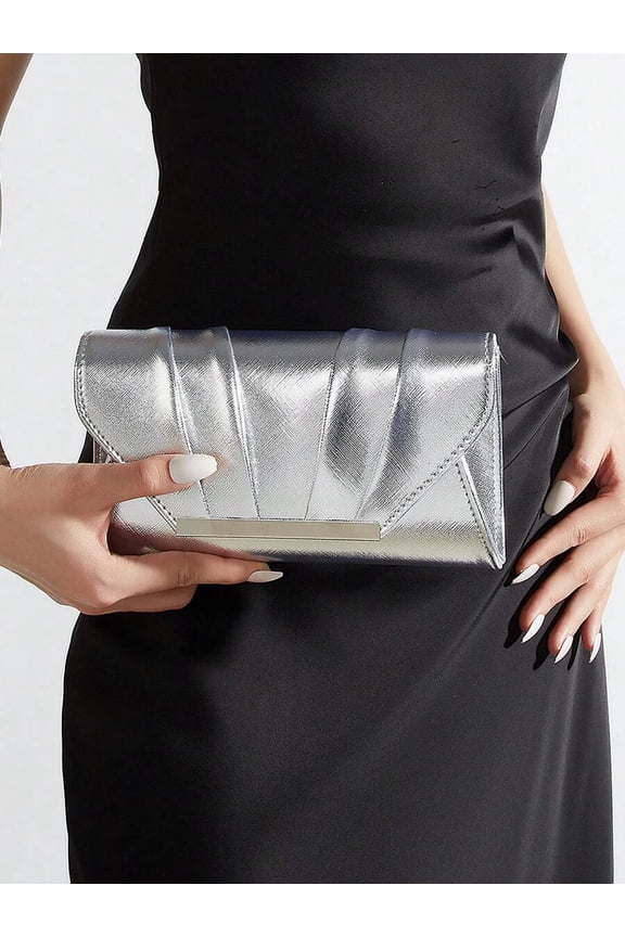 Silver Pleated Flap Clutch Evening Bag Faux Leather Compact Design