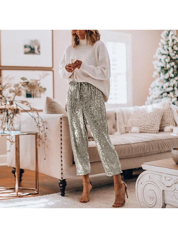 Silver Pleated Trousers for Women, Womens Pants, Banded Waist Pants for Women, S Trousers Pants for Women, Sequin Casual Pants for Women, Weekend Sequin Business Casual Pants for Women