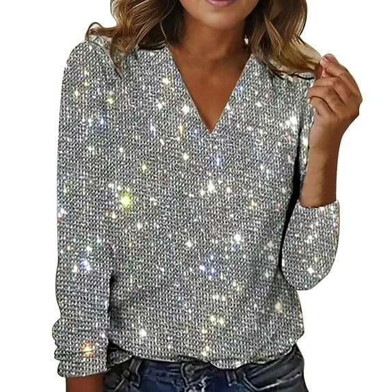 Silver Plus Size Tops Spring And Autumn New Casual Solid Color Sequin Long Sleeved T Shirt Womens Shirts