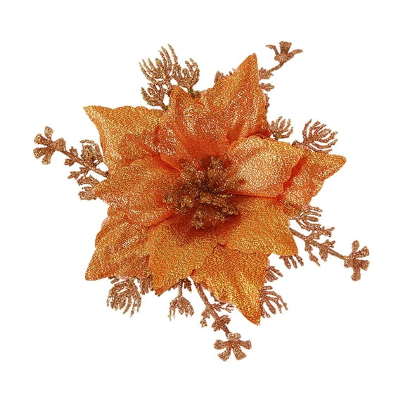 Silver Poinsettia Artificial Flowers with Glitter – Christmas Tree Ornaments & Wedding Party Decorations – Clip-On Silk Glitter Poinsettia for Xmas Tree, Orange, Indoor/Outdoor Decor