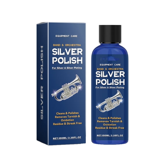 Silver Polish, for silver and silver plated musical instruments, 1 pack 3.4 fl oz, cleans tarnish oxidation residue streak free for band and orchestra brass instruments maintenance