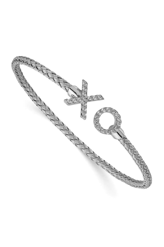 Silver Polished C.Z X and O Woven Flexible Cuff
