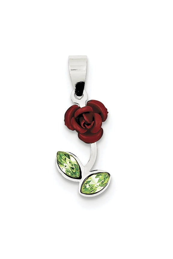 925 Sterling Silver Solid Polished Red Enamel With Green Cubic Zirconia Rose Charm 23x10mm Wide Pendant Necklace for Wom