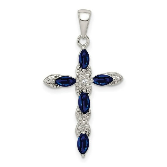 925 Sterling Silver Polished Prong set Sapphire and Diamond Religious Faith Cross Pendant Necklace Measures 32x18mm Wide