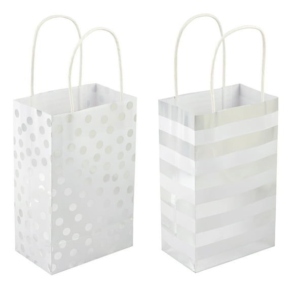 Silver Polka Dot & Stripe Gift Bags by Celebrate It 5.25"x3.25"x8.5" Small Paper Bags for Birthdays - Holidays & Parties - 6 Pack