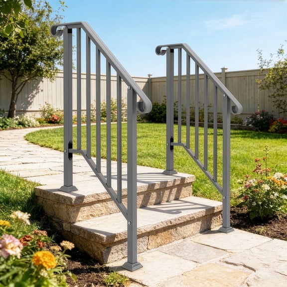 Silver Powder Coated Galvanized Iron Curved Stair Handrail Fit 2 Steps Outdoor Garden Picket Step Safety Railing With Full Installation Hardware