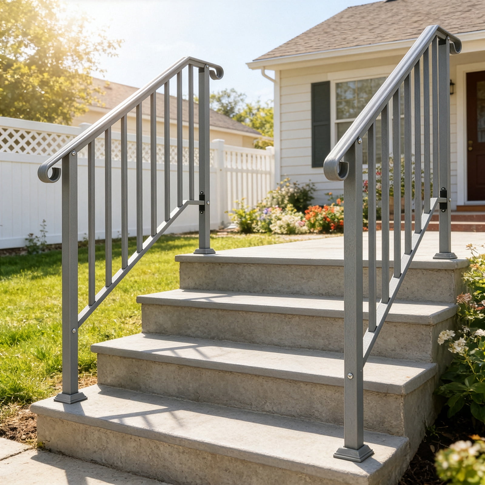 Silver Powder Coated Galvanized Iron Stair Handrail Curved Picket Step Railing Fit 3 Steps Outdoor Garden Anti-Rust Safety Rail With Installation Hardware