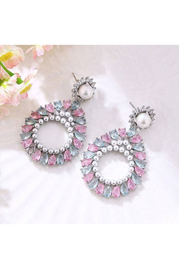 Silver Powder Hoop Dangle Earrings With Pearl And Pastel Gemstones - 2 Pack