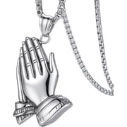 Silver Prayer Hands Necklace, Stainless Steel Chain Pendant for Men