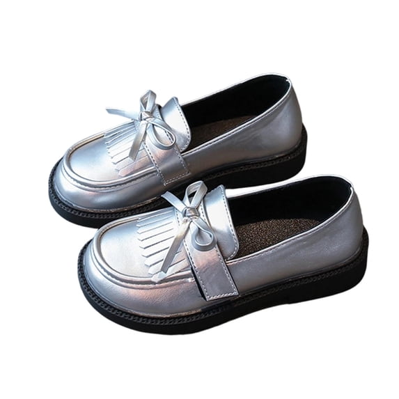 Silver Pre Teen Girls Fringe Bow Loafers Flat Soft Sole Mary Jane Shoes Casual For Summer