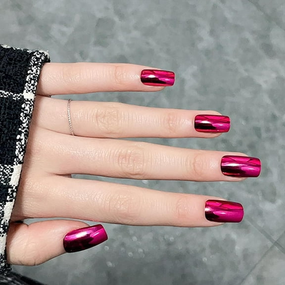 Silver Press on Nails Medium Square Fake Nails Metallic False Nails with Designs Chrome Acrylic Glue on Nails Glossy Full Cover Cute Artificial Stick on Nail for Women Nail Manicure style5 24 Fl Oz
