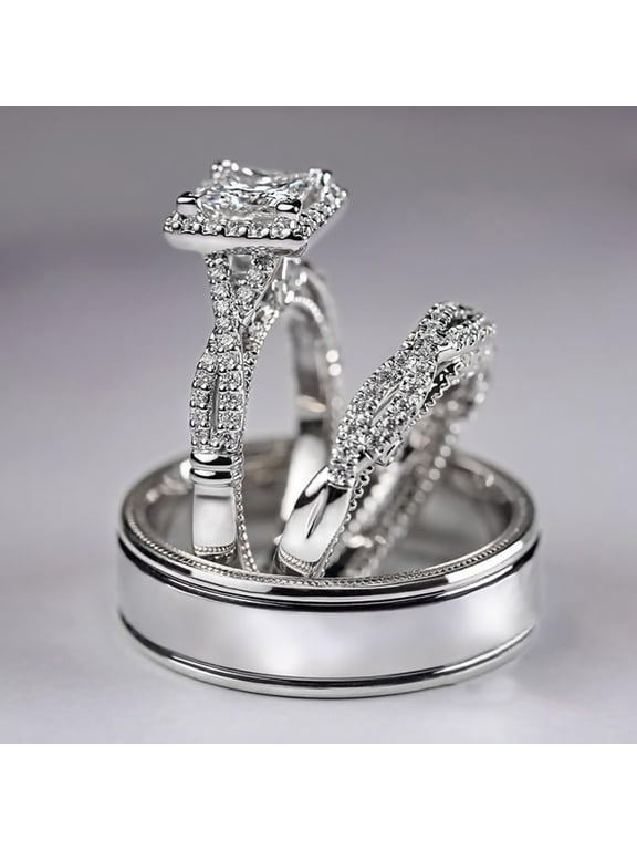 Silver Princess Cut CZ Bridal Ring Set 3-Piece Bridal Ring Set, Silver Plated Princess Cut CZ Engagement Ring with Matching Wedding Bands, His and Hers Promise Ring Set for Couples Sizes 10