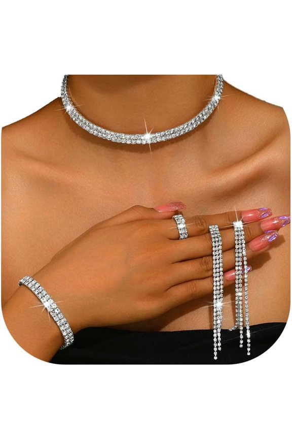 Silver Prom Jewelry Sets for Brides Silver, Wedding Cubic Zirconia Tennis Bracelets, Style B6974