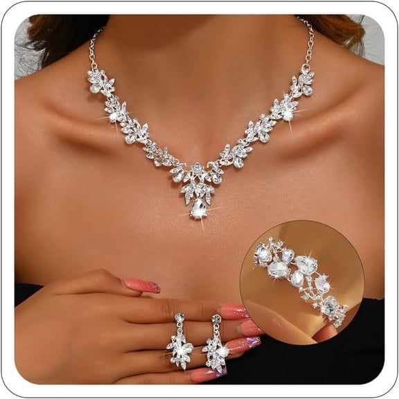 Silver Prom Jewelry Wedding Shine Brightly Prom Costume Brides Necklace Earring Bracelet Set Bridesmaid Dainty Rhinestone Jewelry Party Accessorie