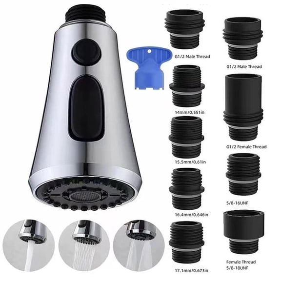 Silver Pull Down Kitchen Faucet Spray Head Replacement Chrome 3 Function Stream Spray Aquablade Nozzle with 9 Adapters Universal Fit for Moen Delta Kohler Grohe Hansgrohe Faucets