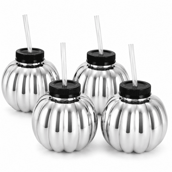 Silver Pumpkin Shaped Drink Cups with Lids and Straws, 4-Piece Halloween Fall Beverage Set