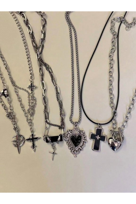 Silver Punk Rock Cross & Heart Pendant Necklace Set 6pcs