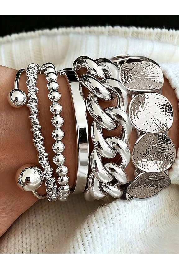 Silver Punk Style Layered Bracelet Set: Chain, Beaded, Bangle & Disc