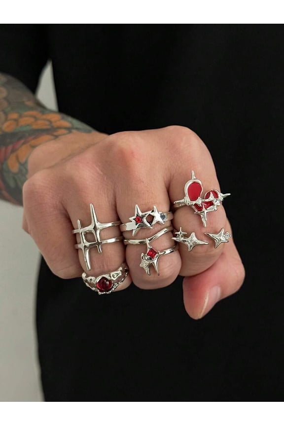 Silver Punk Style Star & Spiked Ring Set, 6 Pieces Adjustable Fashion