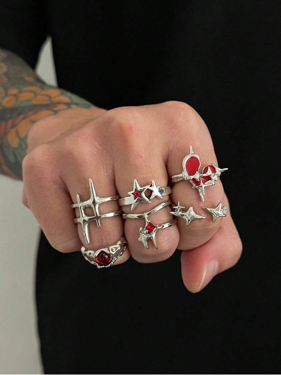 Silver Punk Style Star & Spiked Ring Set, 6 Pieces Adjustable Fashion