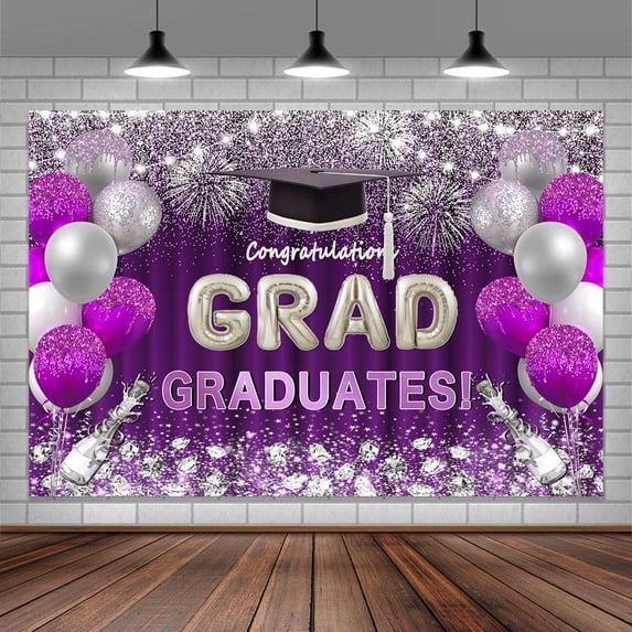 Silver Purple Graduation Backdrop, Sparkling Balloon Fireworks Bachelor Cap Class of 2025 Congrats Grad Photography Background, Congrats Grad Prom Party Decor Sign Supply Photo Studio Props 6x4ft