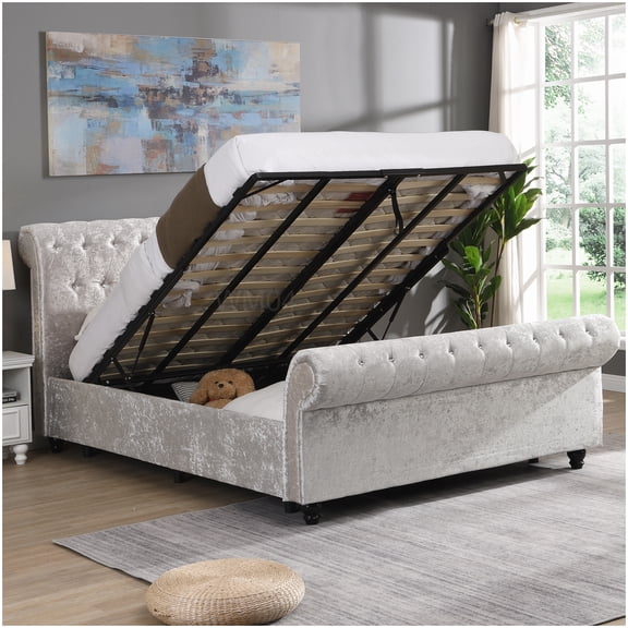 Silver Queen Upholstered Platform Bed with Hydraulic Storage and Button Tufted Headboard