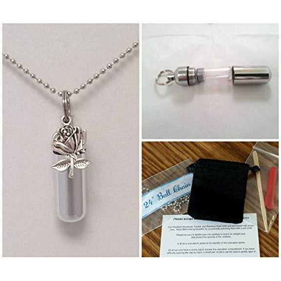Silver ROSE Anointing Oil or Holy Water Holder on Ball Chain with Engraved Heart - Includes Velvet Pouch, Pipette
