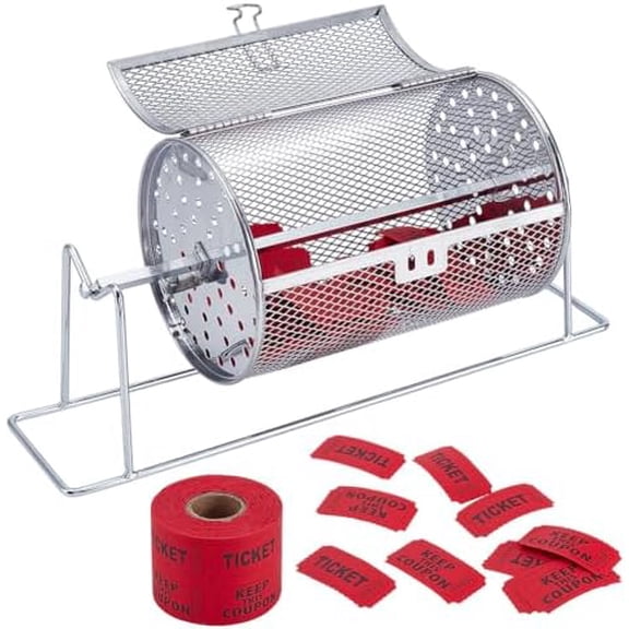 Silver Raffle Tickets Spinner, 4.7x7 Inch Lottery Drum with 500 Tickets, Sturdy Iron Construction and Reinforced Base, Practical Raffle Drum for Voting, Balls, Bingo Games, Social Gathering$$Office