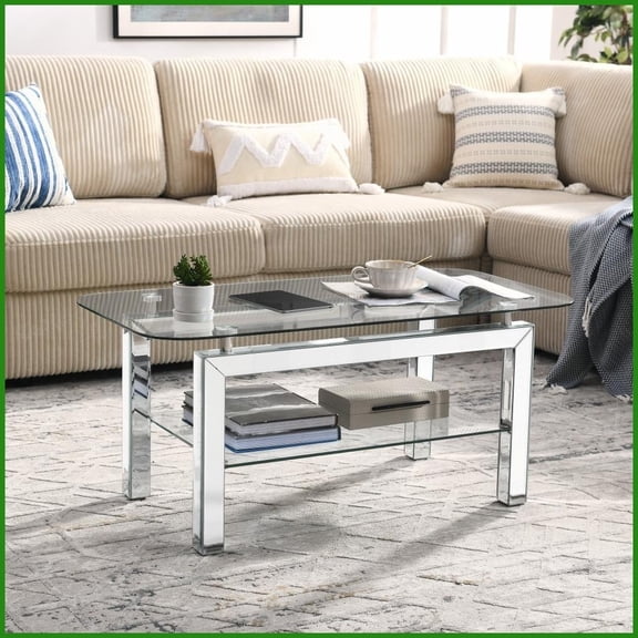 Silver Rectangle Coffee Table for Living Room Mirrored Metal Legs, 2-Tier Storage, Easy to Clean
