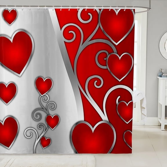 Silver Red Love Heart Shower Curtain Set, Romantic Valentines and Wedding Decor for Couples
