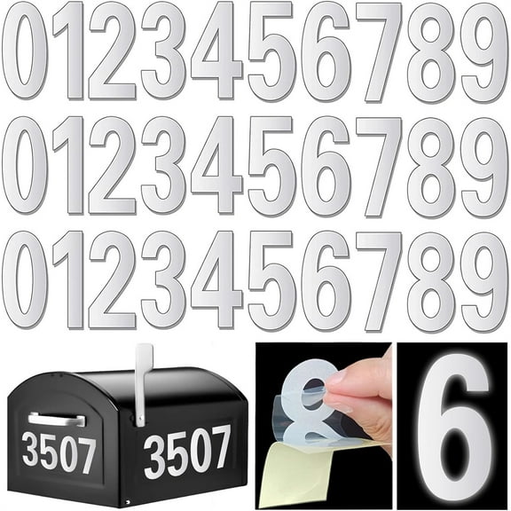 Silver Reflective Mailbox Numbers Sticker, 2 Inch 5 Sets Decal Die Cut Classic Style Vinyl Waterproof Number Self Adhesive 5 Sets for Signs, Door, Cars, Trucks, Home, Business, Address Number