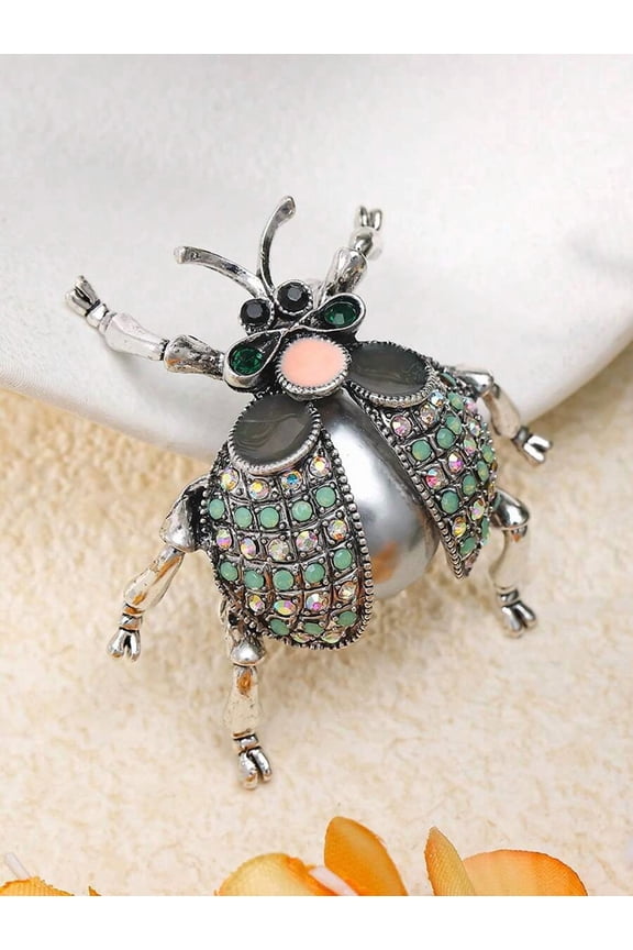 Silver Refreshing Beetle Brooch With Green Rhinestones And Pink Accent, Retro Insect Pin For Women