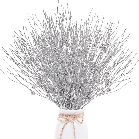 Silver Reusable Artificial Berry Stem,12 Pcs Christmas Artificial Glitter branch,Christmas Picks branch,Christmas Decor,Glittery Twigs Branches,Durable Ornaments for Christmas Tree,Vase