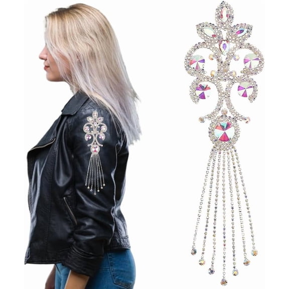 Silver Rhinestone Applique Iron On AB Diamond Finge Trim Sparkle Crystal Tassels Flower Pattern Design Welded Water Brass Patches for Clothes Garment Embellishments DIY Art Craft Supplies
