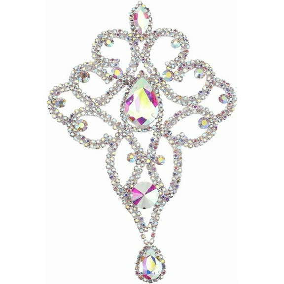 Silver Rhinestone Applique Iron On Ab Diamond Sparkle Crystal Floral Droplet Pattern Design Appliques Single Face Shiny Welded Patches for Clothes Accessories Embellishment DIY Craft Supply