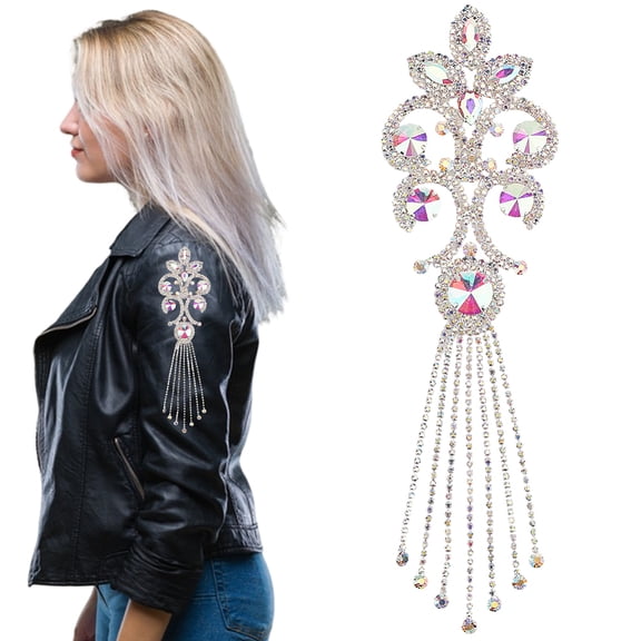 Silver Rhinestone Applique Iron On AB Diamond Finge Trim Sparkle Tassels Flower Pattern Design Welded Water Brass Patches