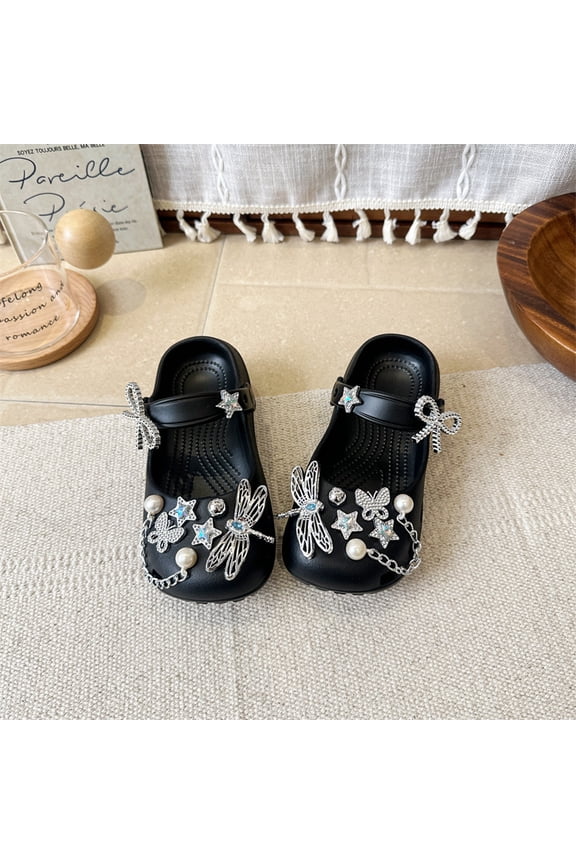 Silver Rhinestone Bow Girls' Clogs for Summer Outdoor Wear, Soft Sole Closed-Toe Sandals, Popular Parent-Child Beach Shoes, Comfortable and Versatile